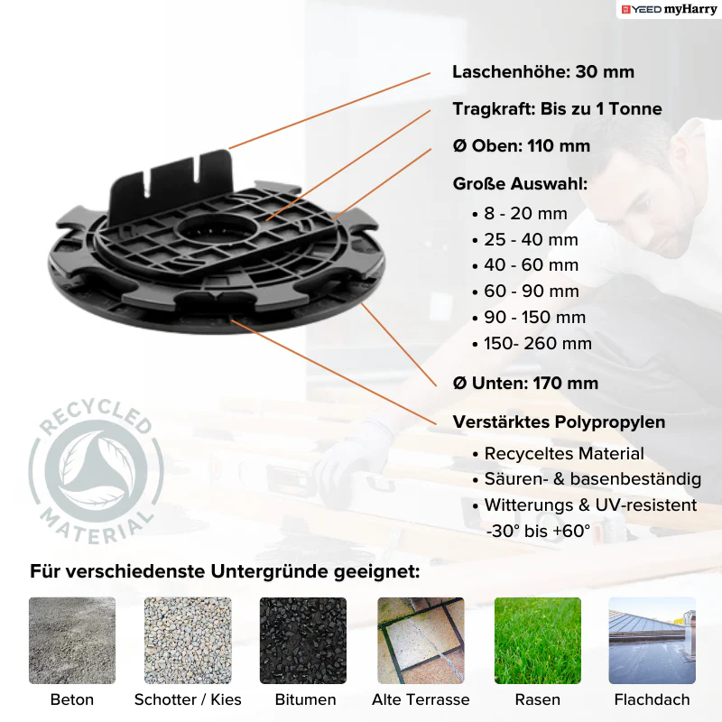 Balkenlager höhenverstellbar 8-20mm für Terrassendielen YEED - Image 4